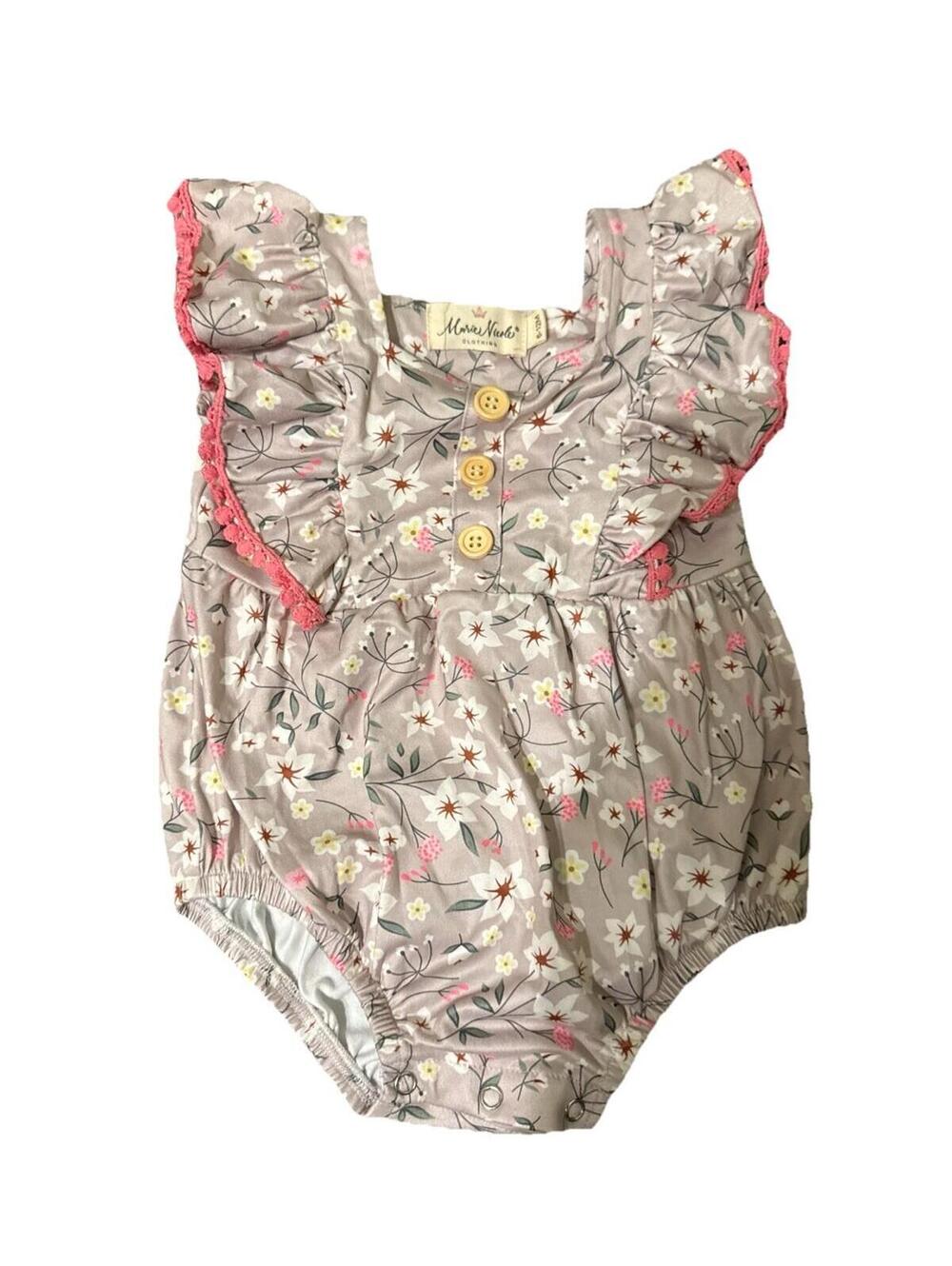 Marie Nicole Baby Floral Romper Size 6-12 Months, boho, pink lace trim